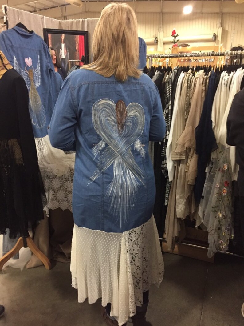 Denim shirt duster with painted angel