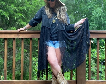 Plus size Stevie Nicks black denim jacket duster, lace kimono, Boho chic, western cowgirl
