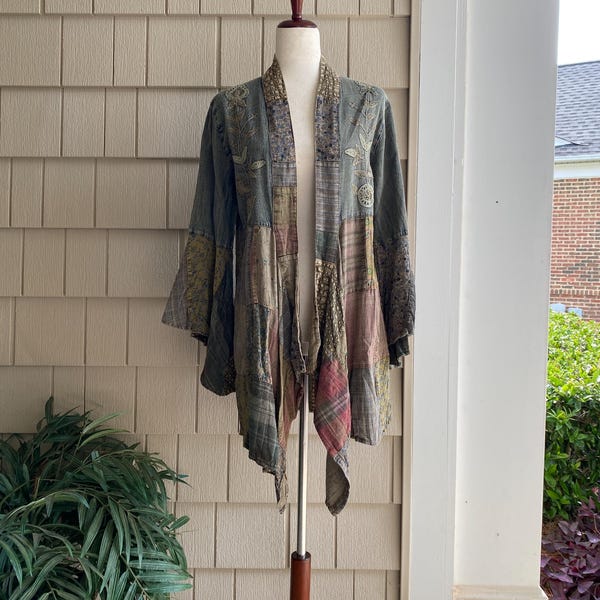 Western boho denim wash kimono with floral embellishments, flowy relaxed fit, free spirited style