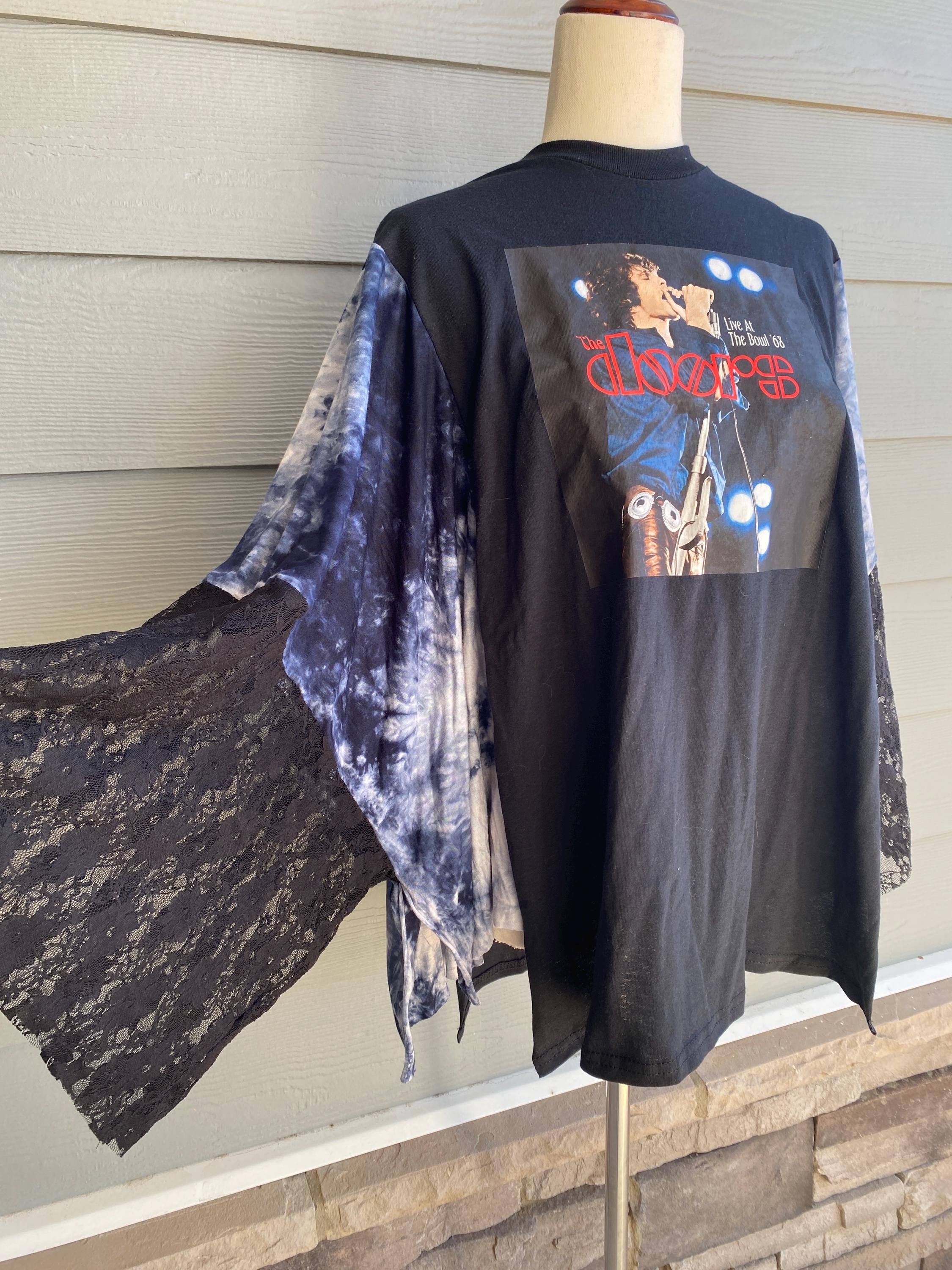 The Doors tshirt poncho with sleeve, one size, vintage, Upcycled refashioned Ooak plus size, band tshirt poncho