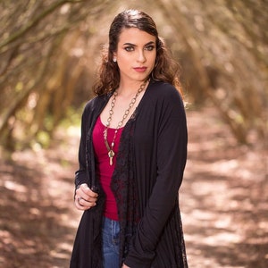 Lace cardigan black or white handmade, one size Boho chic lace waterfall cardigan with handkerchief hemline