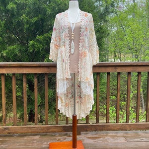 Ladybug lace duster, plus size boho chic, vintage, lace kimono, lingerie, cottage core lace kimono