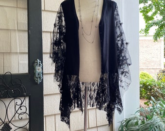 Plus size Stevie Nicks embellished cardigan, Embellished tulle sleeve with lace handkerchief hemline