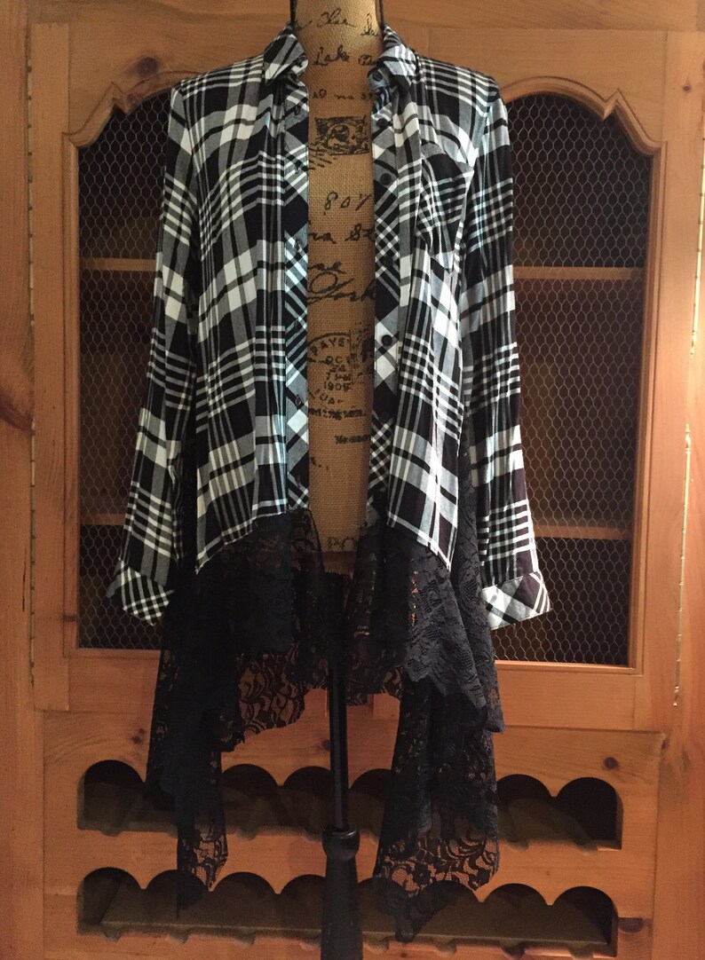 Boho chic plaid shirt with lace handkerchief hemline