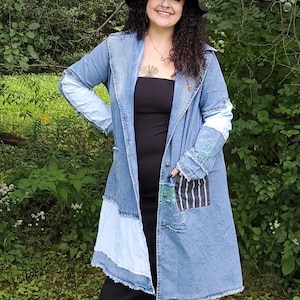 Patchwork denim jacket, long boho jean jacket, long western jacket, plus size jean jacket, hippie denim jacket, long hippie denim jacket