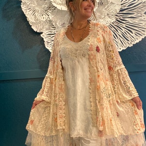 Plus Size cover up with ladybugs, cottage core lace duster, boho chic kimono, boho chic lace duster,  floral duster, ladybug kimono
