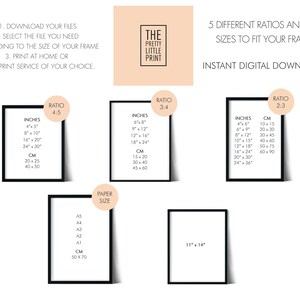 May include: Printable digital download guide for printing photos in different aspect ratios. The guide includes three different ratios: 4:5, 3:4, and 2:3. Each ratio includes a table of corresponding inch and centimeter measurements for various print sizes. The guide also includes a table of standard paper sizes in inches and centimeters.