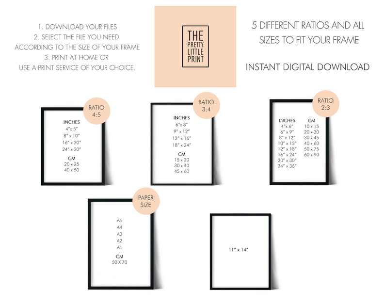 May include: Printable digital download guide for printing photos in different aspect ratios. The guide includes three different ratios: 4:5, 3:4, and 2:3. Each ratio includes a table of corresponding inch and centimeter measurements for various print sizes. The guide also includes a table of standard paper sizes in inches and centimeters.