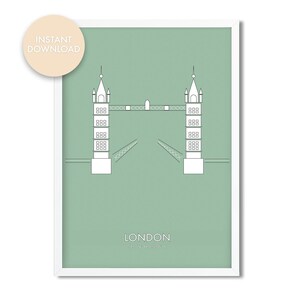 The London Tower Bridge in Green, Printable Art, London Print, London coordinates, Printable landmarks, Home decor, London Poster, wall art
