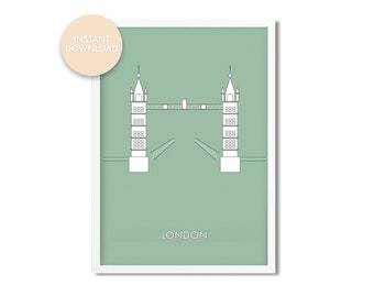 London Tower Bridge Print: Green Minimalist Landmark Art (Digital Download)