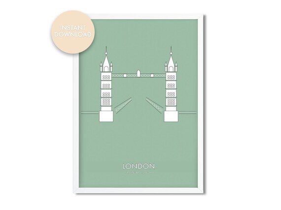 London Tower Bridge Print: Green Minimalist Landmark Art (Digital Download)