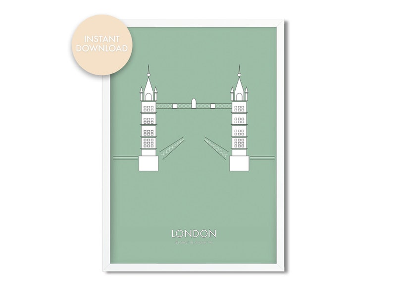 May include: A minimalist illustration of the Tower Bridge in London, with a white outline on a light green background. The text "LONDON" is printed below the bridge.