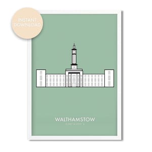 Ratusz w Waltham Forest w kolorze zielonym, sztuka do druku, wydruk w Londynie, Walthamstow, zabytki do druku, wystrój domu, plakat w Londynie, sztuka ścienna