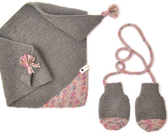 Châle Kids et Moufles (1 - 4ans) // Shawl for Kids with Mittens (1 to 3Years ) // Wool Grey // Laine Grise