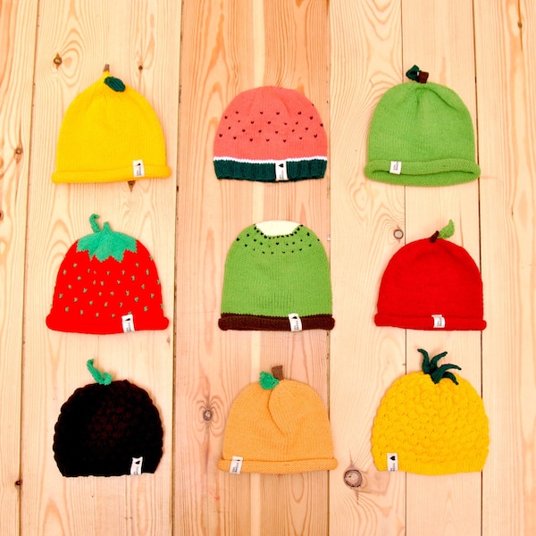 Bonnet Fruit entièrement tricoté à la main//En coton et polyacryl/Toute taille/ Pomme, Pastèque, Ananas, Kiwi, Pêche, Fraise, Citron, Mûre