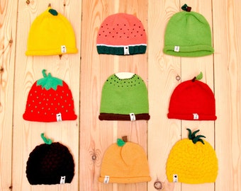 Fruit hat entirely hand-knitted//In cotton and polyacryl/Any size/ Apple, Watermelon, Pineapple, Kiwi, Peach, Strawberry, Lemon, Blackberry