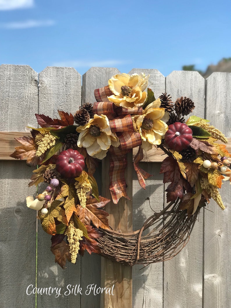 Thanksgiving wreath magnolia wreath Fall wreath Plum pumpkins country wreath elegant wreath