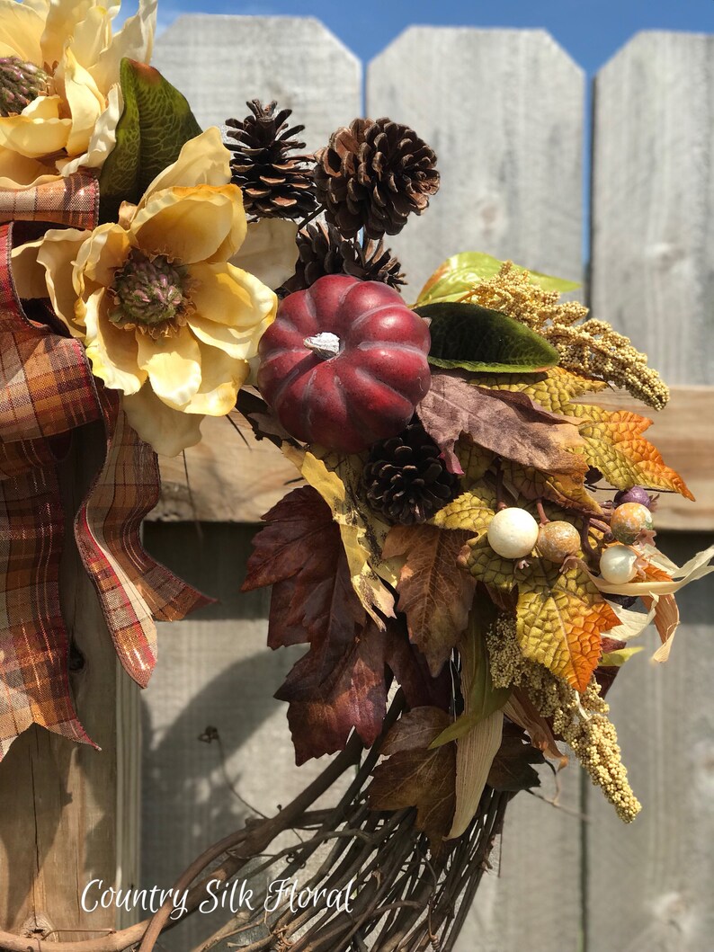 Thanksgiving wreath magnolia wreath Fall wreath Plum pumpkins country wreath elegant wreath
