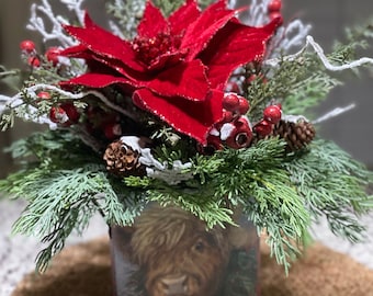 Red velvet poinsettia centerpiece ~ Christmas centerpiece ~ Highland cow ~ Farmhouse Christmas centerpiece ~ accent decor
