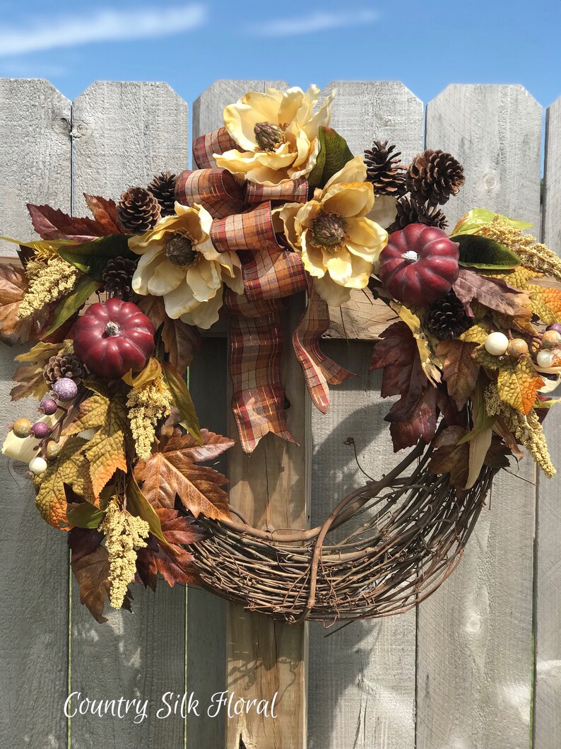 Thanksgiving wreath magnolia wreath Fall wreath Plum pumpkins country wreath elegant wreath