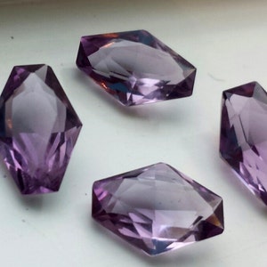 Elongated hexagonal loose amethyst faceted gemstones, freeform amethyst.