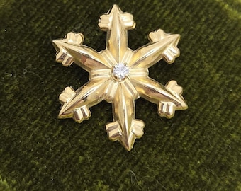 Vintage 14K Yellow Gold Snowflake Pendant with Diamond, Gorham 14k Gold Snowflake Pendant