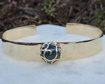 Hand-Forged 10K & 14K Gold Cuff Bracelet with 6.17ct Ocean Blue Tourmaline, Mount Mica, Maine blue Tourmaline, Tourmaline Cuff Bracelet.