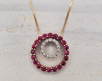 Estate ruby diamond necklace, 10k yellow gold circle pendant with 14k yellow gold chain, double circle ruby diamond necklace.