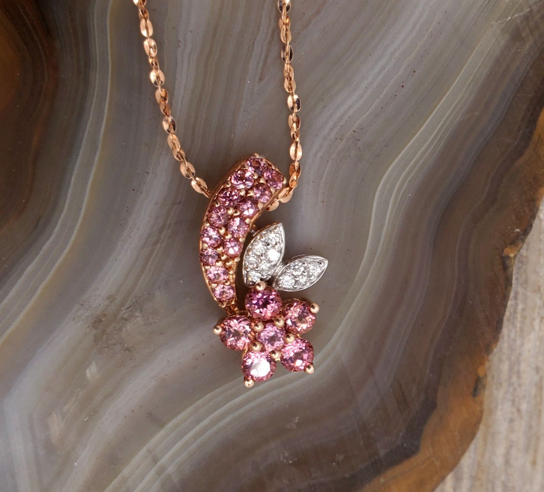 Vintage 14k Rose Gold Pink Tourmaline Diamond Necklace Rose - Etsy