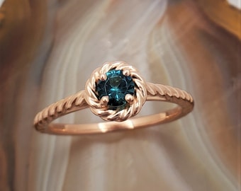 Maine tourmaline ring, 14k rose gold ring, rope design ring with Maine teal tourmaline.