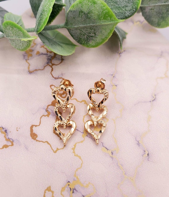 Vintage 14k gold heart earrings, drop heart shaped