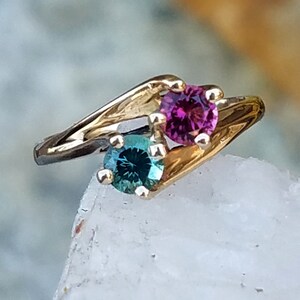 Mane tourmaline by-pass design 14k ring, two stone ring with Maine green and pink tourmaline. image 4