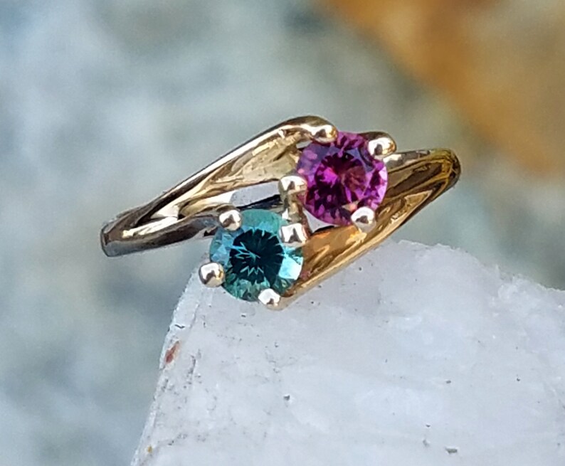 Mane tourmaline by-pass design 14k ring, two stone ring with Maine green and pink tourmaline. image 4