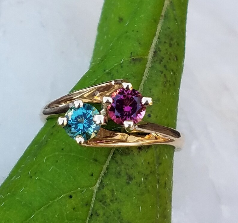 Mane tourmaline by-pass design 14k ring, two stone ring with Maine green and pink tourmaline. image 1