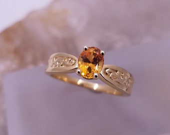 Yellow sapphire scroll design ring, 14k yellow gold ring with yellow sapphire.