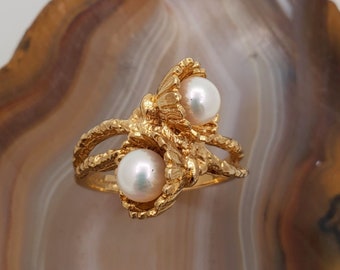 Vintage pearl ring, 10k yellow gold by pass ring, double pearl ring.