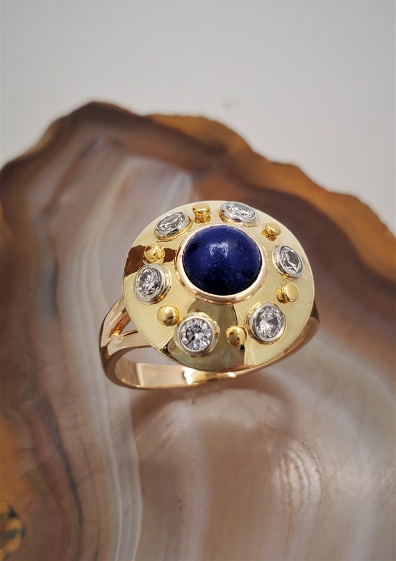 Vintage lapis diamond ring, 14k yellow gold ring w