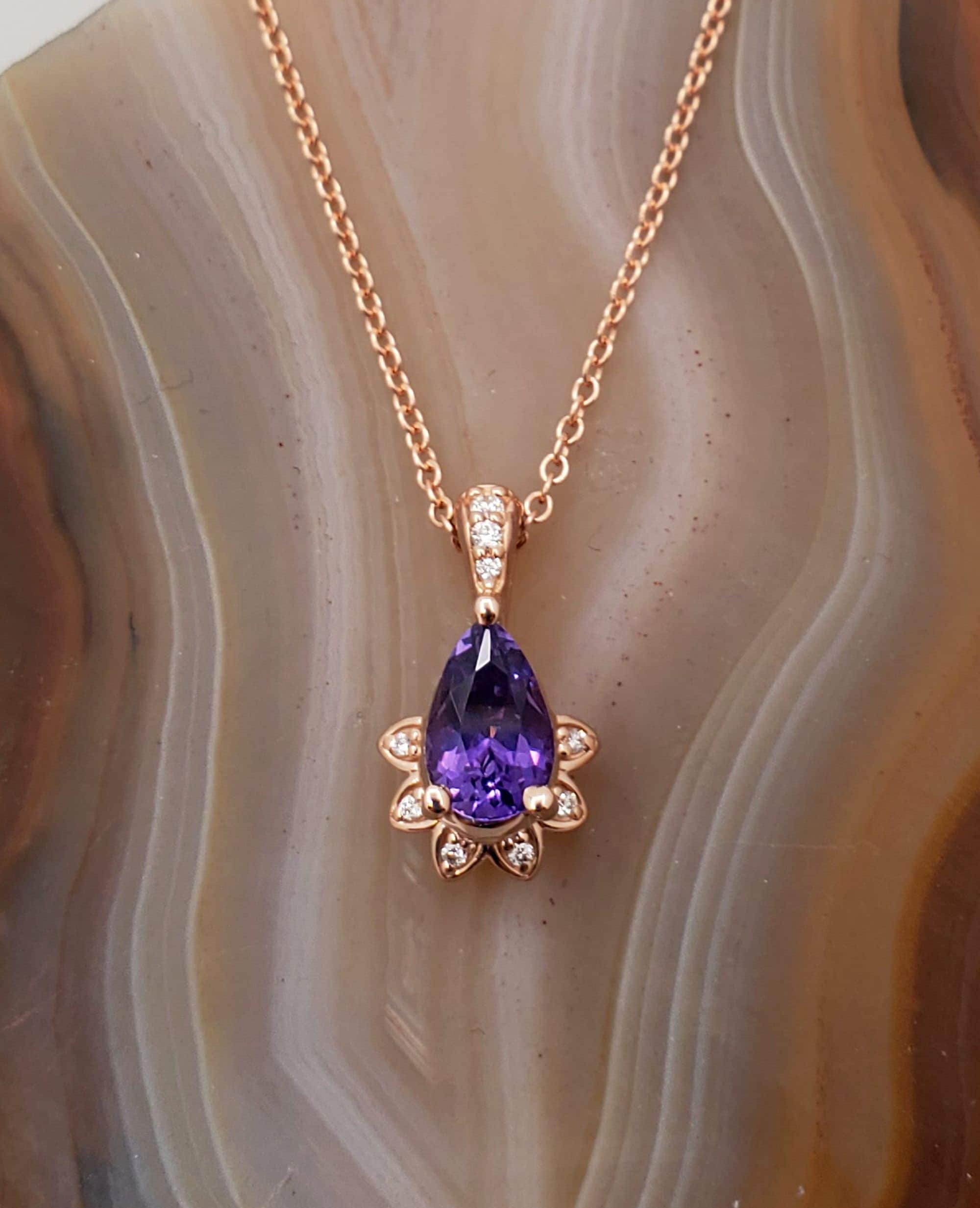 Purple Sapphire 14k Rose Gold Necklace Pear Shape Purple Sapphire