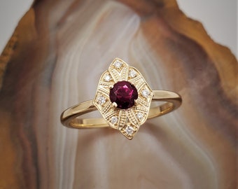 Ruby diamond ring, vintage inspired ring, 14k yellow gold ring with ruby and diamonds.