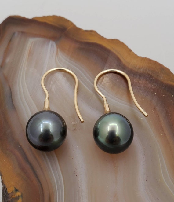 Tahitian black pearl earrings 14k yellow gold drop earrings | Etsy