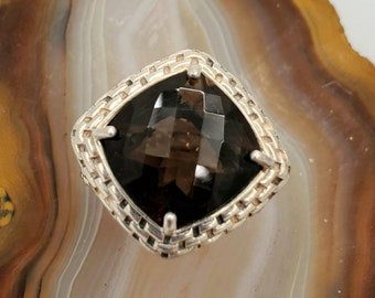 Vintage sterling silver smoky quartz ring, large silver smoky quartz ring, statement ring.