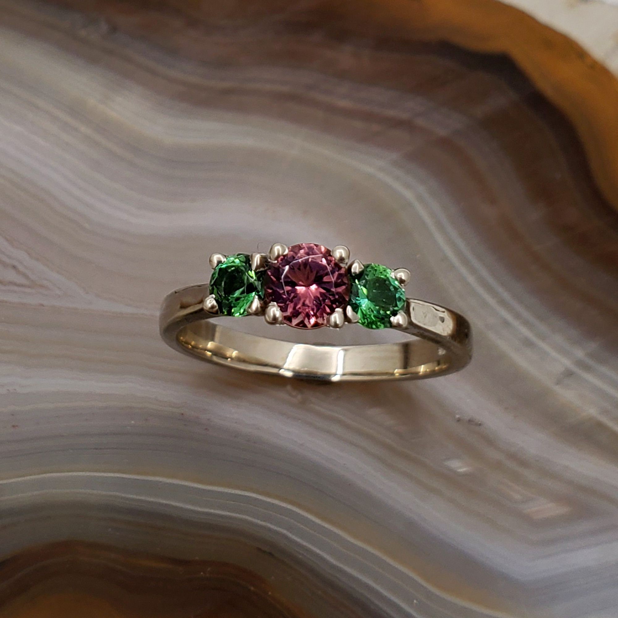 Maine tourmaline ring, three stone Maine tourmaline ring in 14k gold.