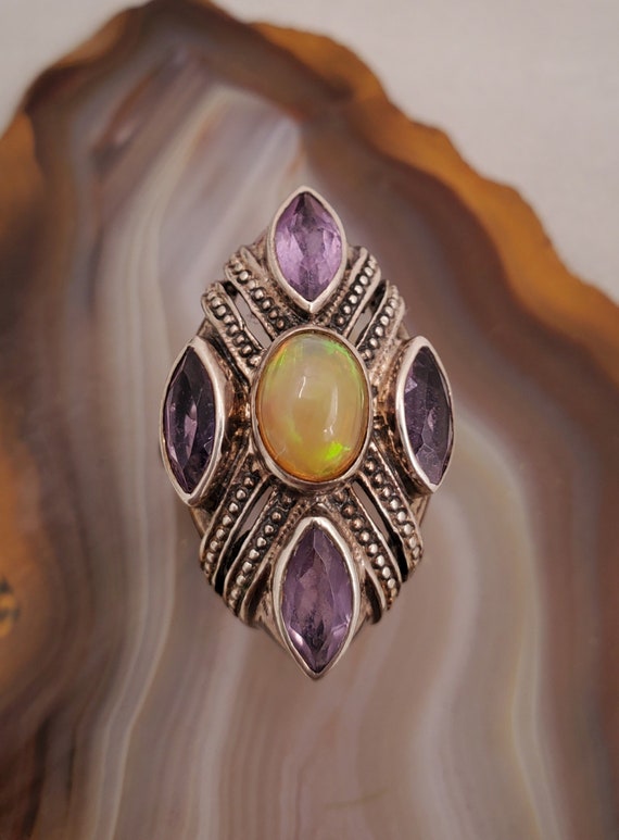 Vintage opal amethyst ring, sterling silver estate