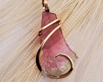 Maine tourmaline pendant, watermelon tourmaline slice in 14k yellow gold pendant.