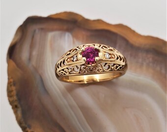 Pink sapphire ring, scroll design ring, pink sapphire diamond ring