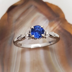 Sapphire diamond ring, 14k white gold sapphire diamond ring, genuine sapphire ring.