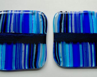 Blue Fused Glass Striped Coaster Pair