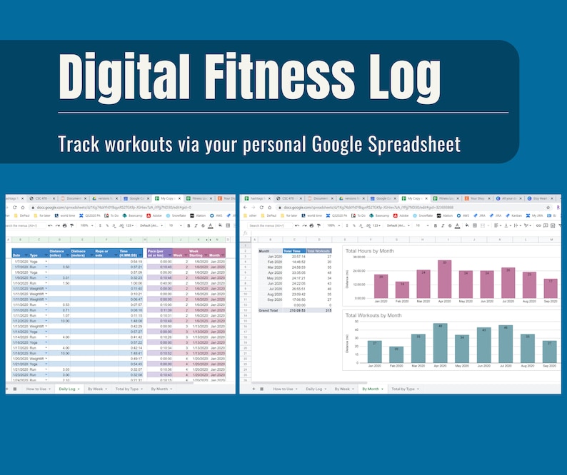 Fitness Tracker Spreadsheet Google Doc or Excel Workout Log See