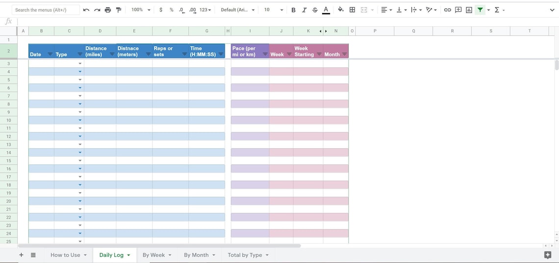 Fitness Tracker Spreadsheet Google Doc or Excel Workout Log See Progress Weekly & Monthly