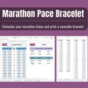 Wydrukuj bransoletkę z tempem maratonu i znacznikiem milowym oraz kalkulatorem czasu ukończenia - Arkusz kalkulacyjny Google Doc Excel do pobrania w wersji cyfrowej dla biegaczy